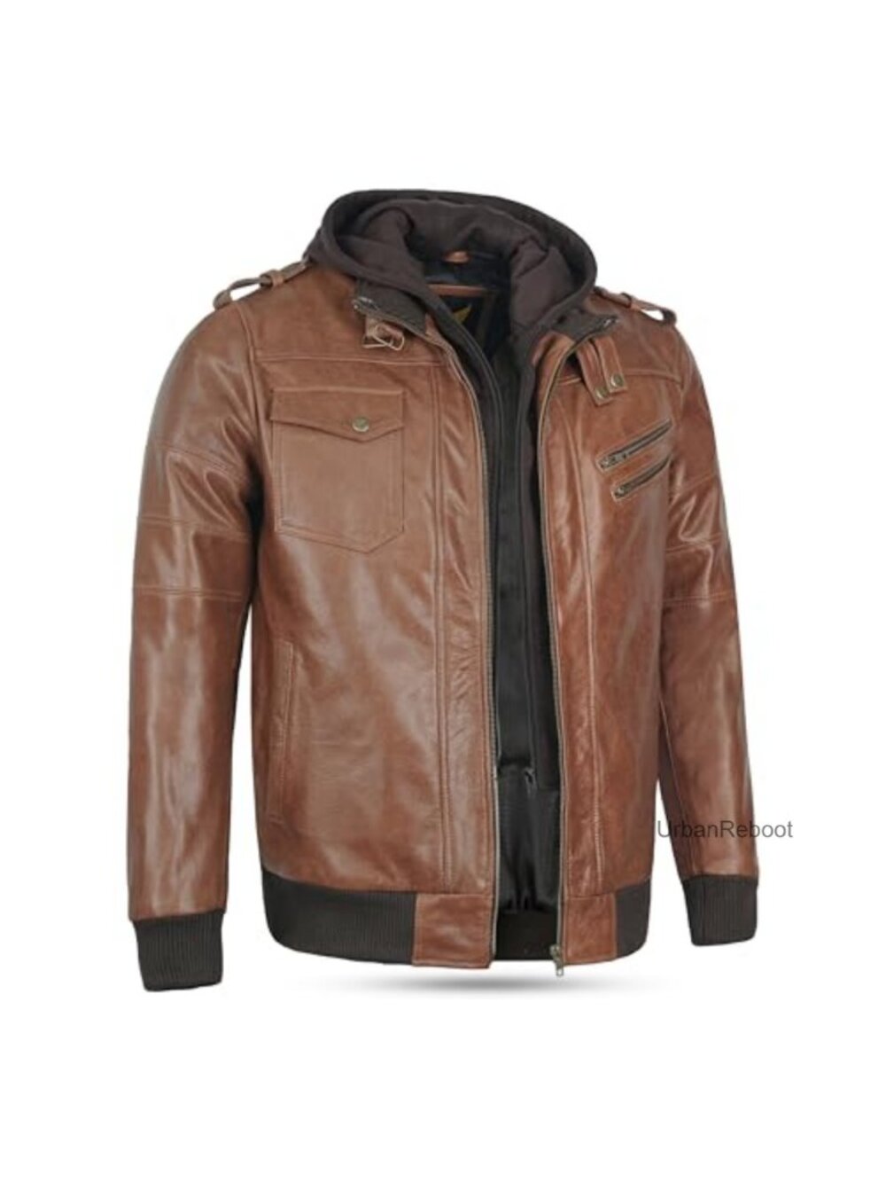 Top-Grain Buffalo Leather Men's Bomber Jacket Removable Fleece Hood 7 Pockets